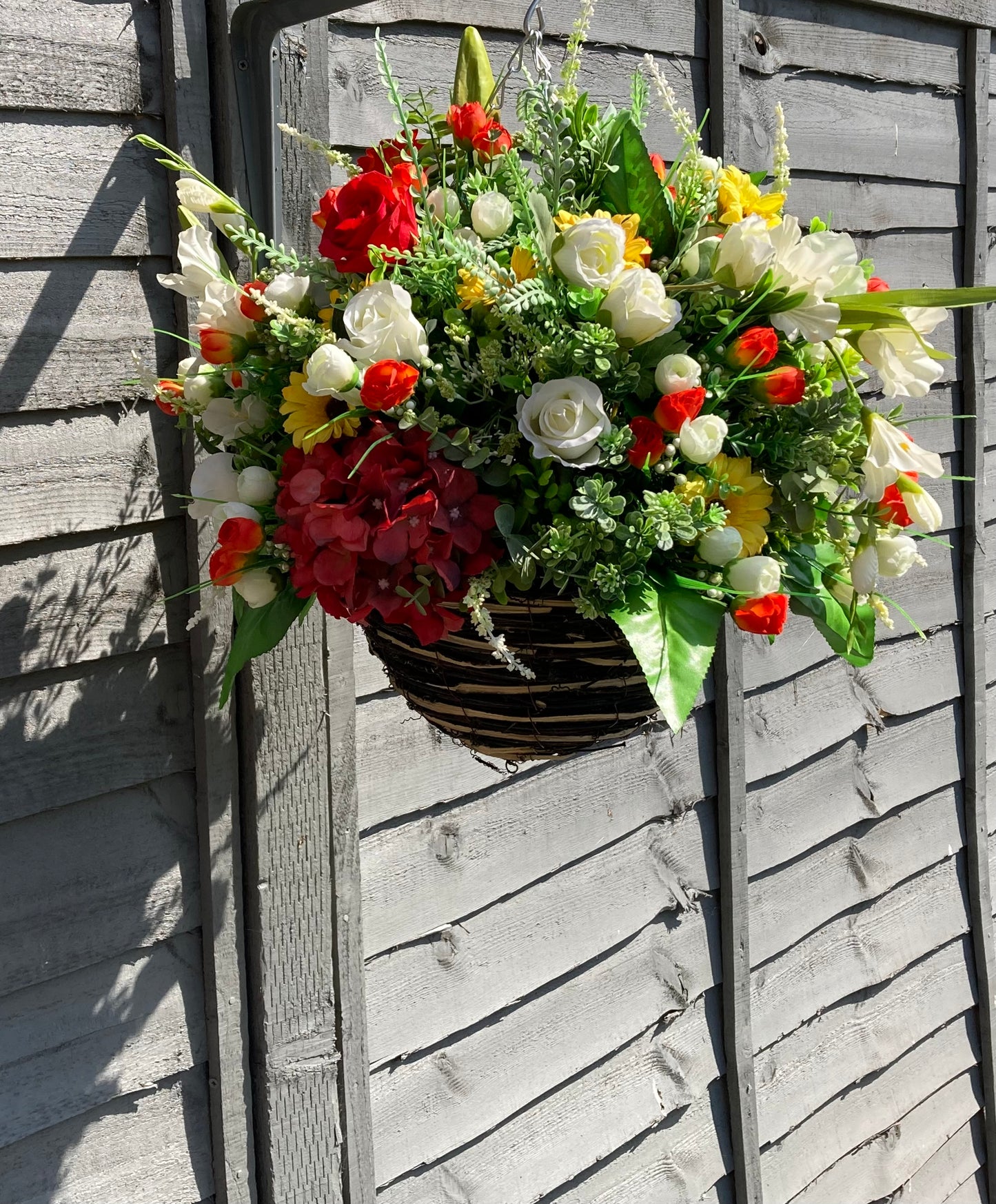 12" Mixed Summer Floral Rattan Hanging Basket