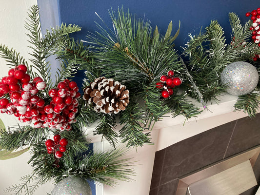 6ft Snowy Berry, Pinecones & Baubles Spruce Garland