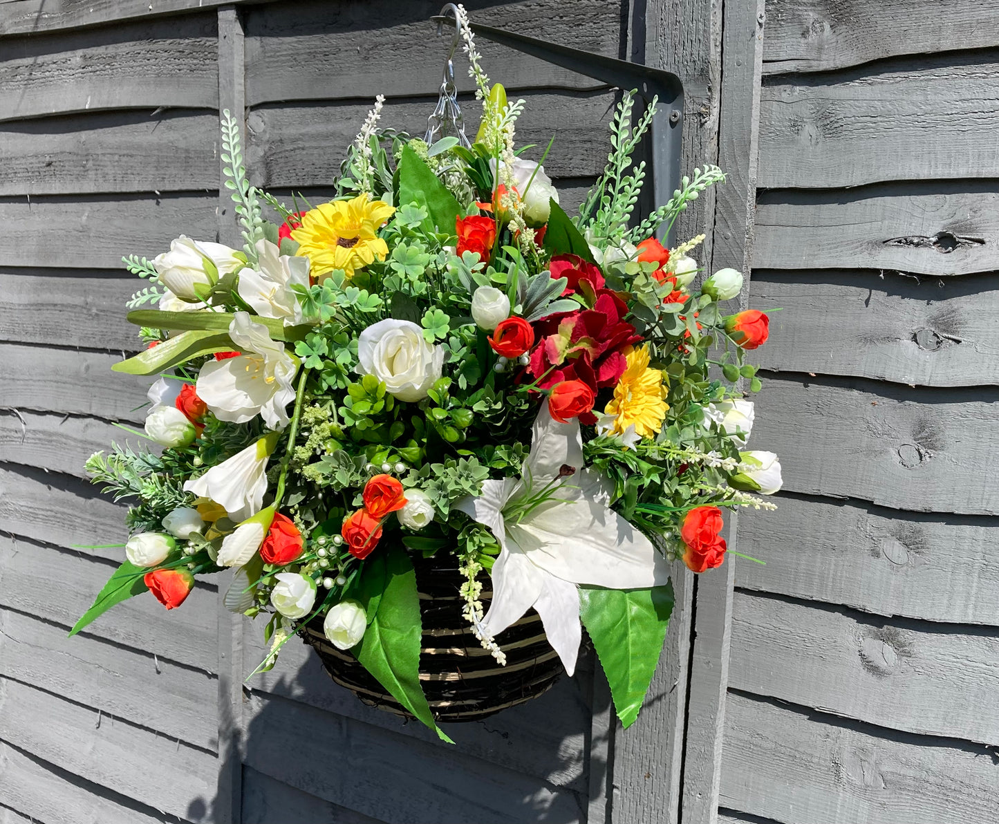 12" Mixed Summer Floral Rattan Hanging Basket