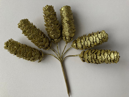 6 Long Glitter Gold Pinecone Bunch