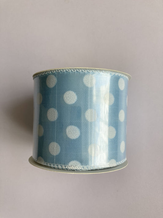 2m x 6.5cm Blue Polka Dot Wired Edge Ribbon