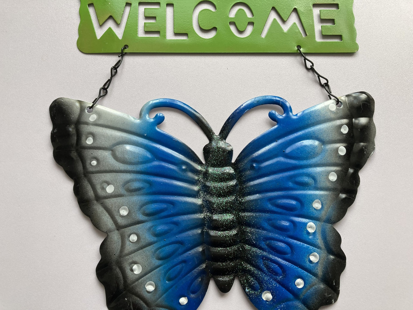 Blue Butterfly Metal Welcome Sign