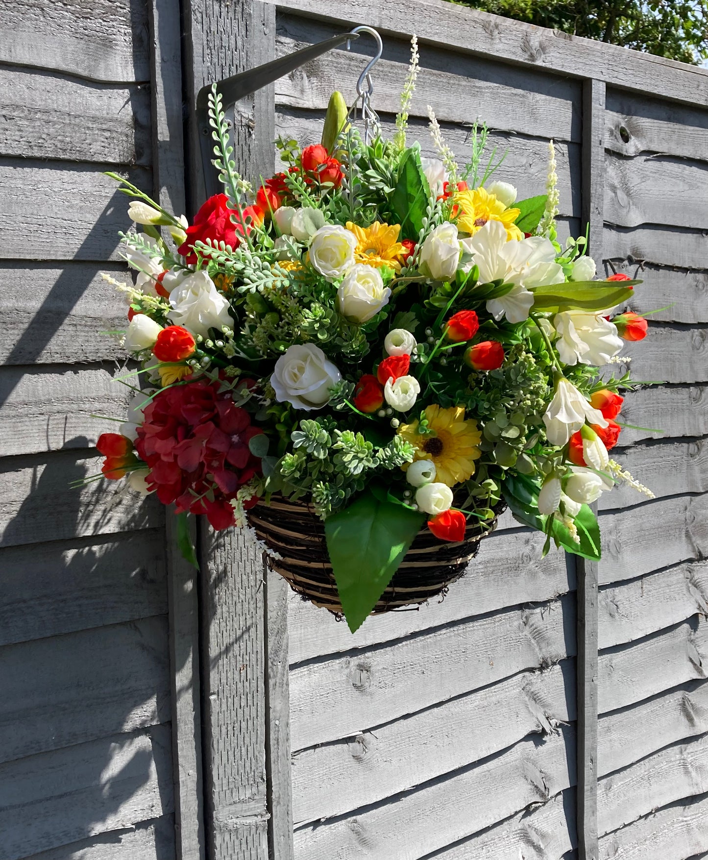 12" Mixed Summer Floral Rattan Hanging Basket