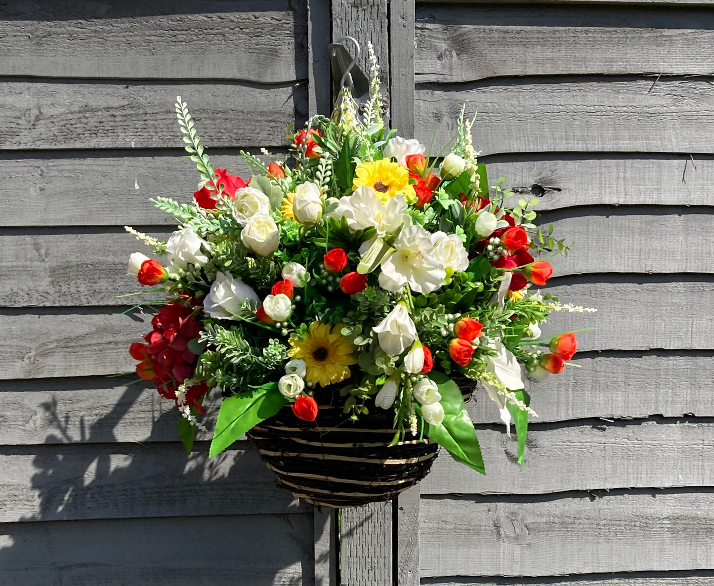 12" Mixed Summer Floral Rattan Hanging Basket