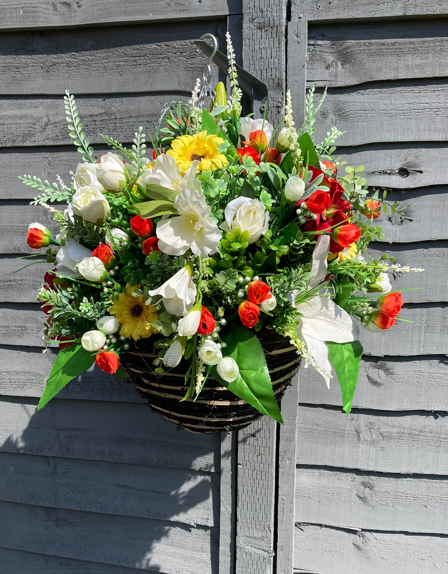 12" Mixed Summer Floral Rattan Hanging Basket