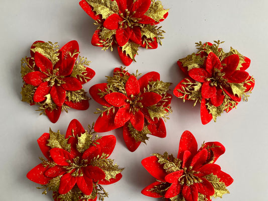 6pk Red & Gold Poinsettia Heads