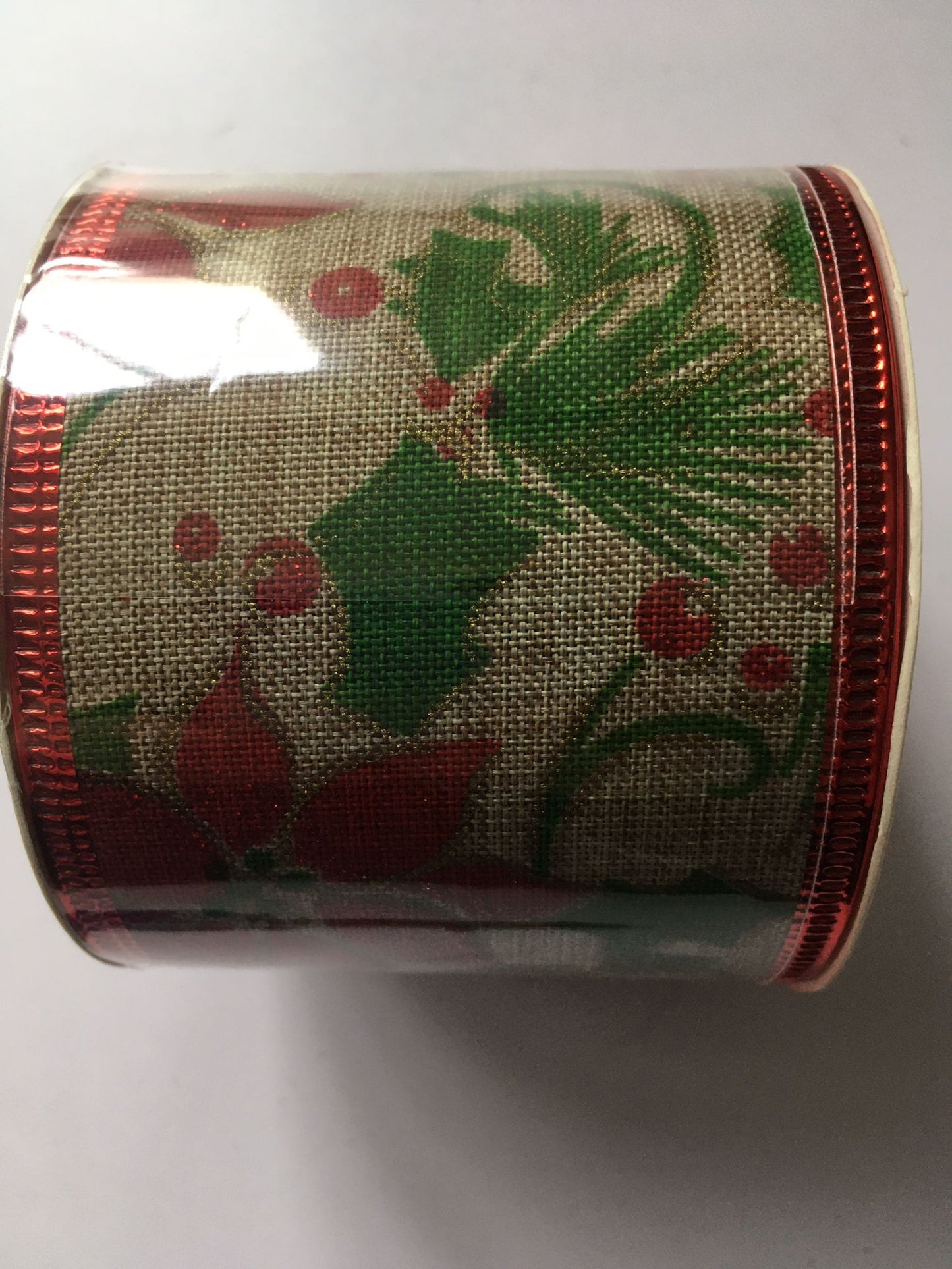 10y Poinsettia & Holly Wired Edge Ribbon