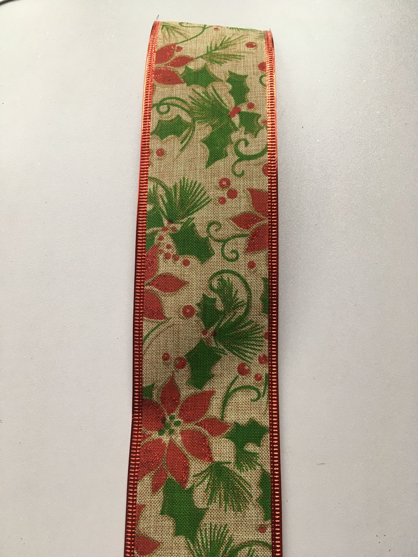 10y Poinsettia & Holly Wired Edge Ribbon